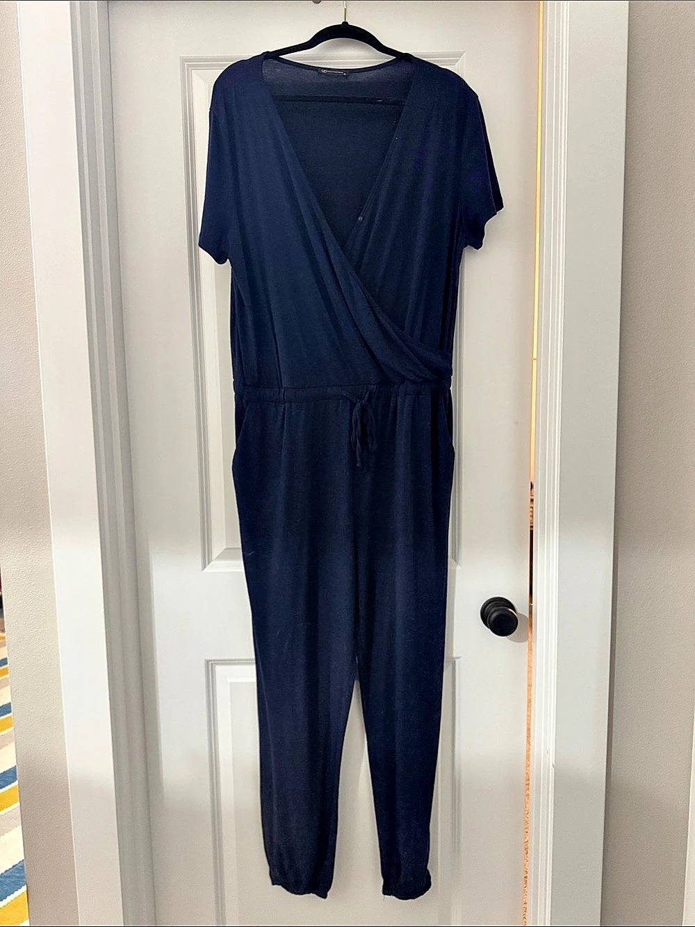PrettyGarden Navy Faux Wrap-Front Jumpsuit